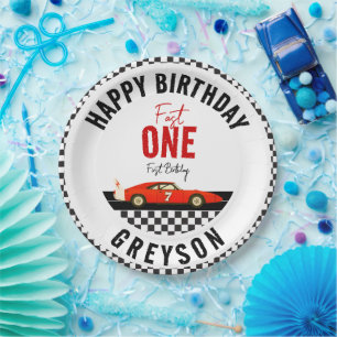 Fast One Race Car Boy 1st Birthday Party Papieren Bordje