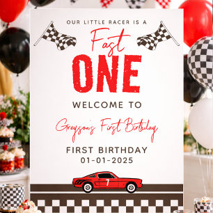 Fast One Race Car Boy 1st Birthday Party Poster