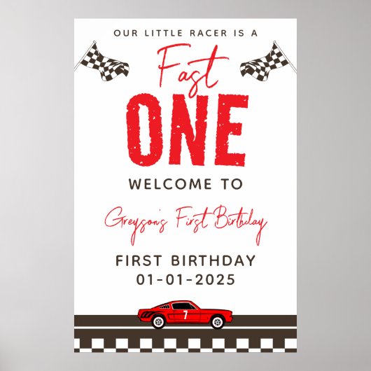 Fast One Race Car Boy 1st Birthday Party Poster (Voorkant)