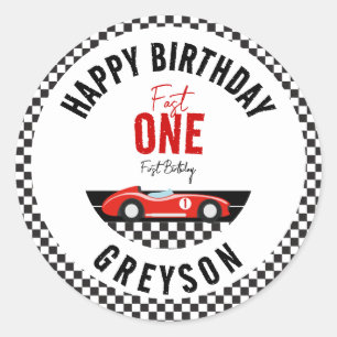 Fast One Race Car Boy 1st Birthday Party Ronde Sticker