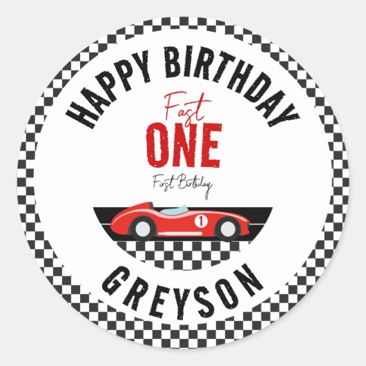 Fast One Race Car Boy 1st Birthday Party Ronde Sticker (Voorkant)
