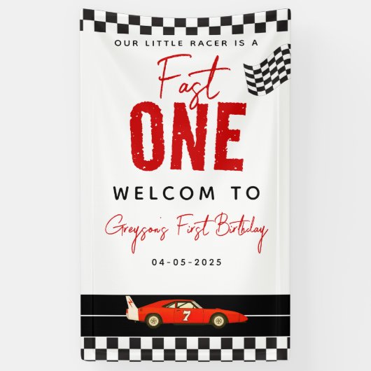 Fast One Race Car Boy 1st Birthday Party Spandoek (Verticaal)