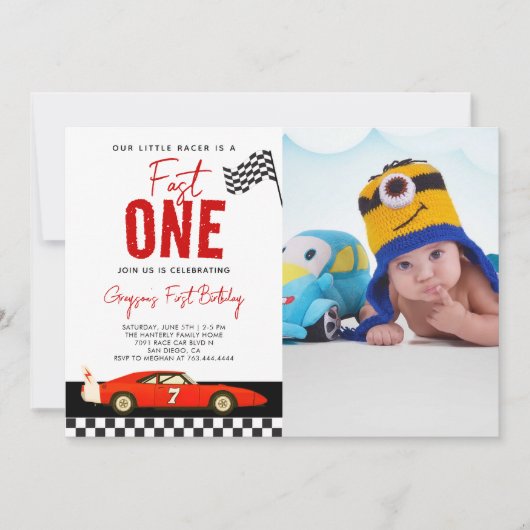 Fast One Race Car Boy Foto 1e verjaardagsfeest Kaart (Voorkant)