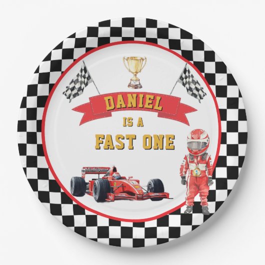Fast One Race Car Checkered Flag Party Papieren Bordje (Voorkant)