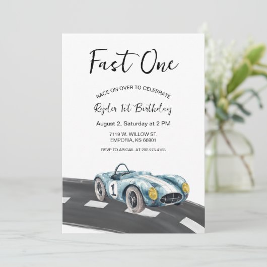 Fast One Race Car First Birthday-uitnodiging Kaart (Staand voorkant)