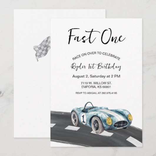 Fast One Race Car First Birthday-uitnodiging Kaart (Voorkant / Achterkant)