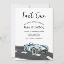 Fast One Race Car First Birthday-uitnodiging
