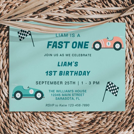 Fast One Race Car First Birthday-uitnodiging Kaart