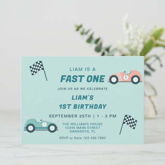 Fast One Race Car First Birthday-uitnodiging Kaart (Staand voorkant)