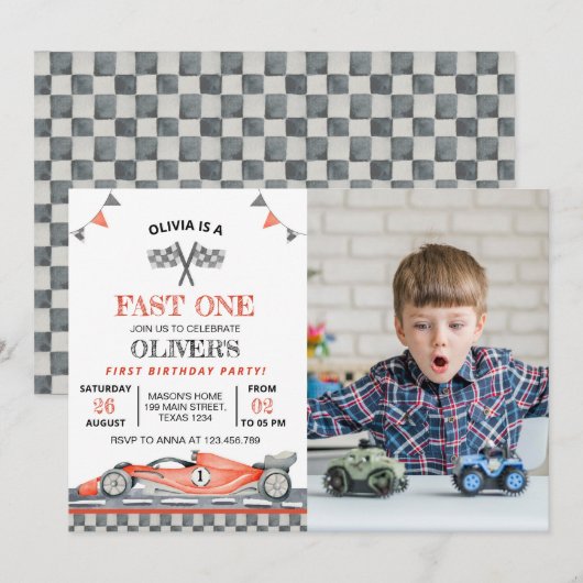 Fast One Race Car Foto Uitnodiging Verjaardag (Voorkant / Achterkant)