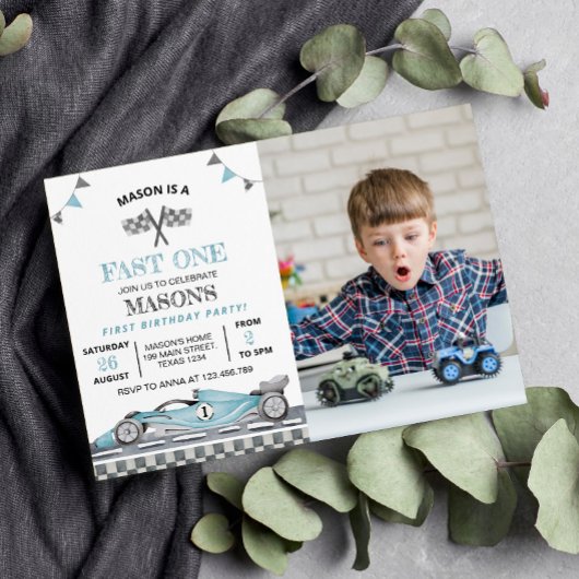 Fast One Race Car Foto Uitnodiging Verjaardag