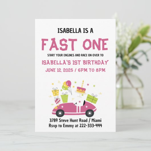 FAST ONE Race Car Girl 1e verjaardag Kaart (Staand voorkant)