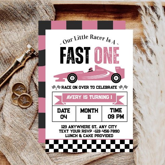 Fast One Race Car Girl 1e Verjaardagsfeest Kaart