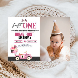 Fast One Race Car Girl's 1st Birthday Party Photo Kaart
