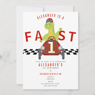 Fast One Race Car Racing Car Dinosaur 1st Birthday Kaart