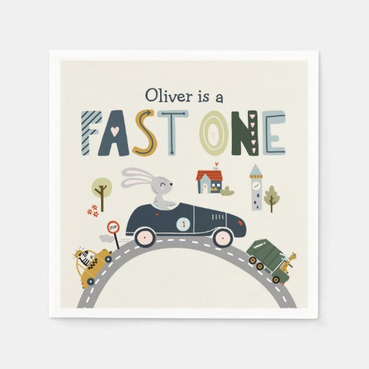 Fast One Race Cars 1st Birthday Party Napkins Servet (Voorkant)