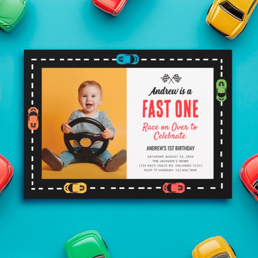 Fast One Race Track Jongens Verjaardagsfeestje Fot Kaart