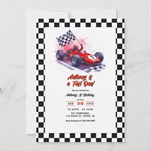 "Fast One" Raceauto 1e verjaardagsfeestje Kaart (Voorkant)
