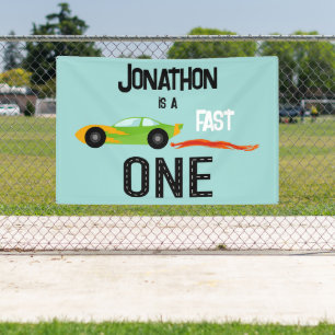 Fast ONE racecar thema 1e verjaardagsfeest Spandoek