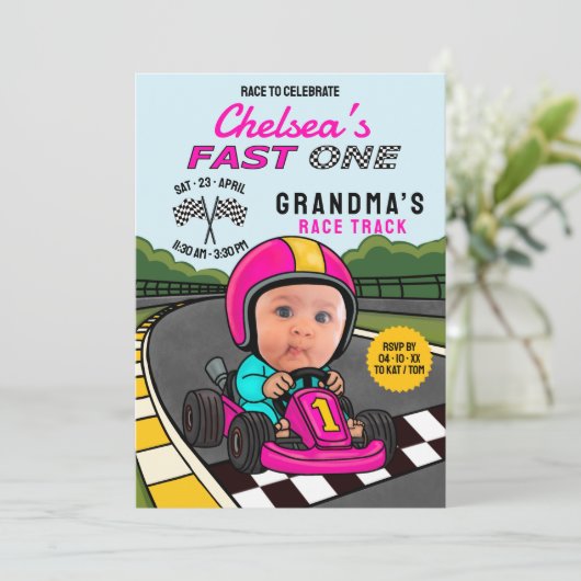 Fast ONE Racer Pink Birthday Kaart (Staand voorkant)