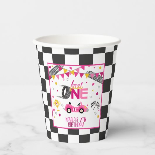 Fast One Racing Birthday Party Cup - Roze Papieren Bekers (Voorkant)