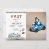 Fast One Racing Car Blue Boy 1e foto verjaardag Kaart (Voorkant)