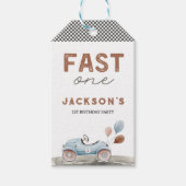 Fast One Racing Car Blue Boy 1e verjaardag Cadeaulabel (Voorkant)