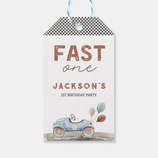 Fast One Racing Car Blue Boy 1e verjaardag Cadeaulabel (Achterkant)