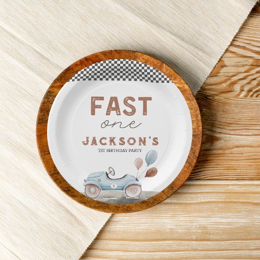 Fast One Racing Car Blue Boy 1e verjaardag Papieren Bordje