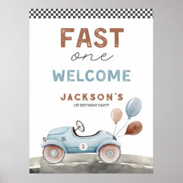 Fast One Racing Car Blue Boy 1e verjaardag Welkom Poster