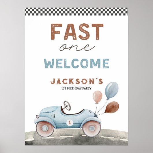 Fast One Racing Car Blue Boy 1e verjaardag Welkom Poster (Voorkant)