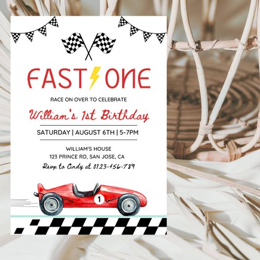 Fast One Racing Car Boy 1st Birthday Party Kaart