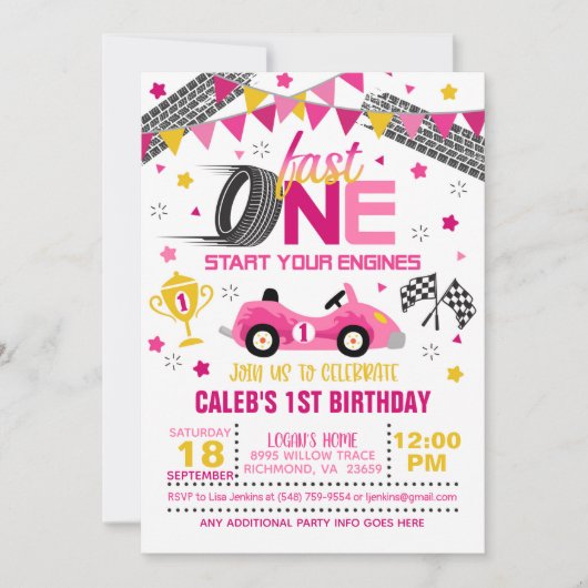 Fast One Racing First Birthday Invitation - Girl Kaart (Voorkant)