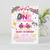 Fast One Racing First Birthday Invitation - Girl Kaart (Staand voorkant)