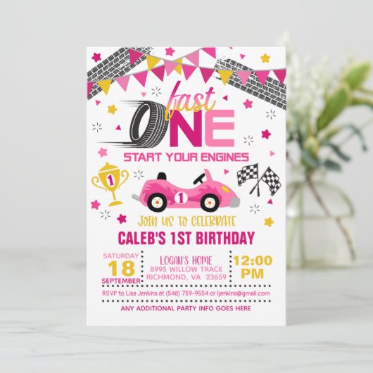 Fast One Racing First Birthday Invitation - Girl Kaart (Staand voorkant)
