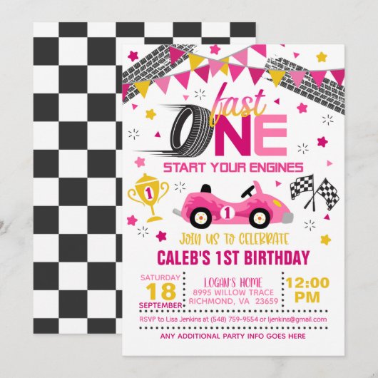 Fast One Racing First Birthday Invitation - Girl Kaart (Voorkant / Achterkant)