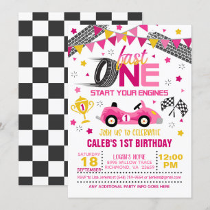 Fast One Racing First Birthday Invitation - Girl Kaart