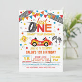 Fast One Racing First Birthday Invitation - White Kaart (Staand voorkant)