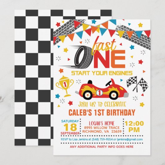 Fast One Racing First Birthday Invitation - White Kaart (Voorkant / Achterkant)
