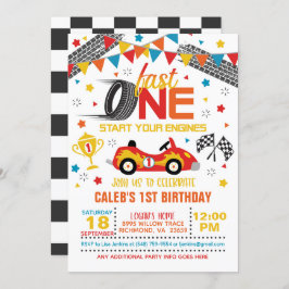 Fast One Racing First Birthday Invitation - White Kaart