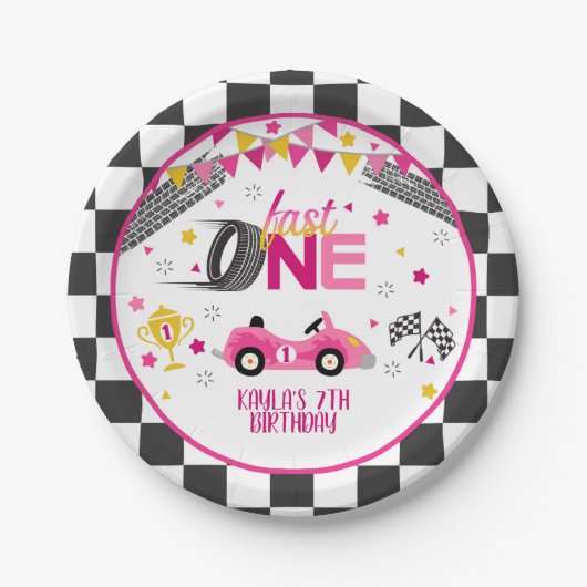Fast One Racing First Birthday Paper-Bord - Roze Papieren Bordje (Voorkant)