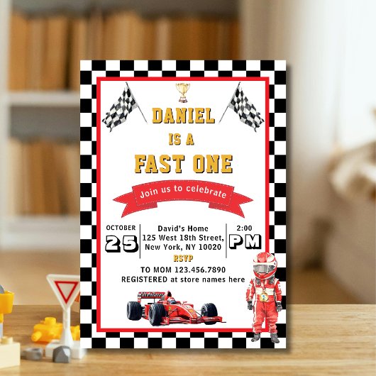 Fast One Racing Theme Checkered Flag Birthday Kaart