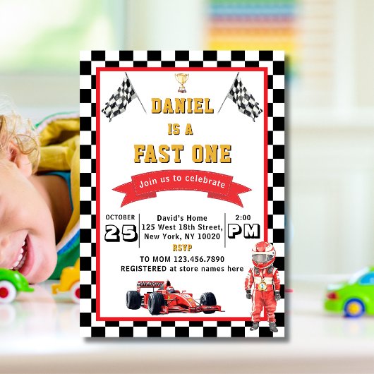 Fast One Racing Theme Checkered Flag Birthday Kaart