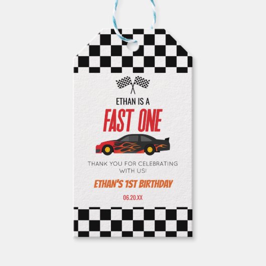 Fast One Red Flame Race Auto 1e Verjaardagsfeest Cadeaulabel (Voorkant)