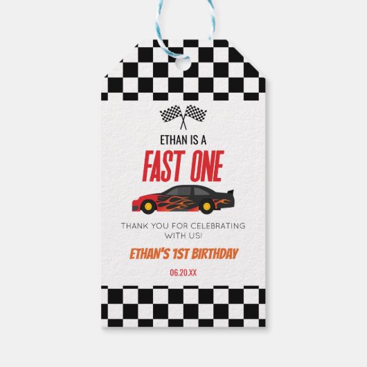 Fast One Red Flame Race Auto 1e Verjaardagsfeest Cadeaulabel (Achterkant)
