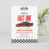 Fast One Red Flame Race Auto 1e Verjaardagsfeest Kaart (Staand voorkant)