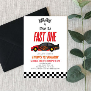 Fast One Red Flame Race Auto 1e Verjaardagsfeest Kaart