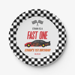 Fast One Red Flame Race Auto 1e Verjaardagsfeest Papieren Bordje