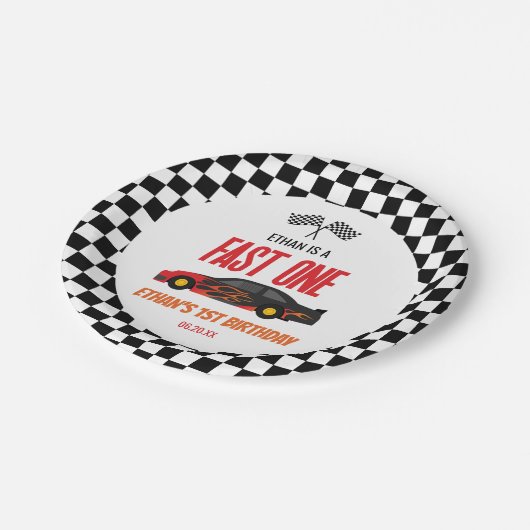 Fast One Red Flame Race Auto 1e Verjaardagsfeest Papieren Bordje (Gekanteld)