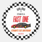 Fast One Red Flame Race Auto 1e Verjaardagsfeest Ronde Sticker (Voorkant)